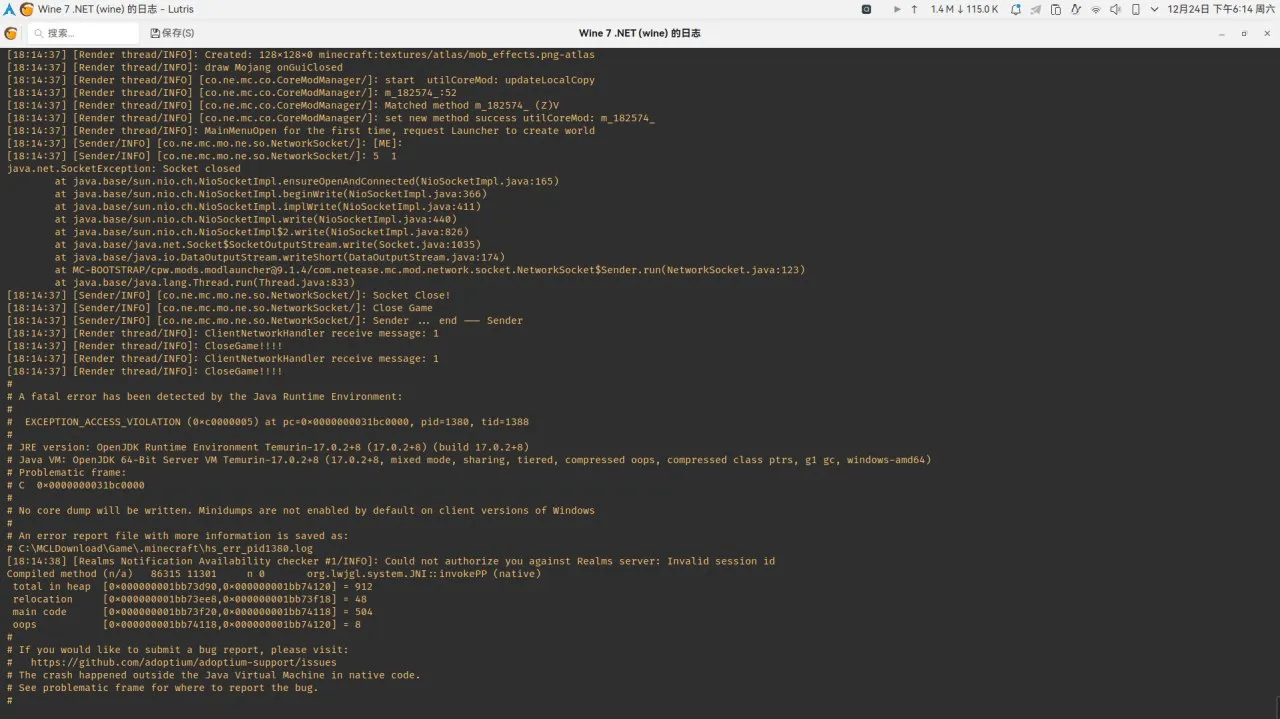 完整的崩溃日志